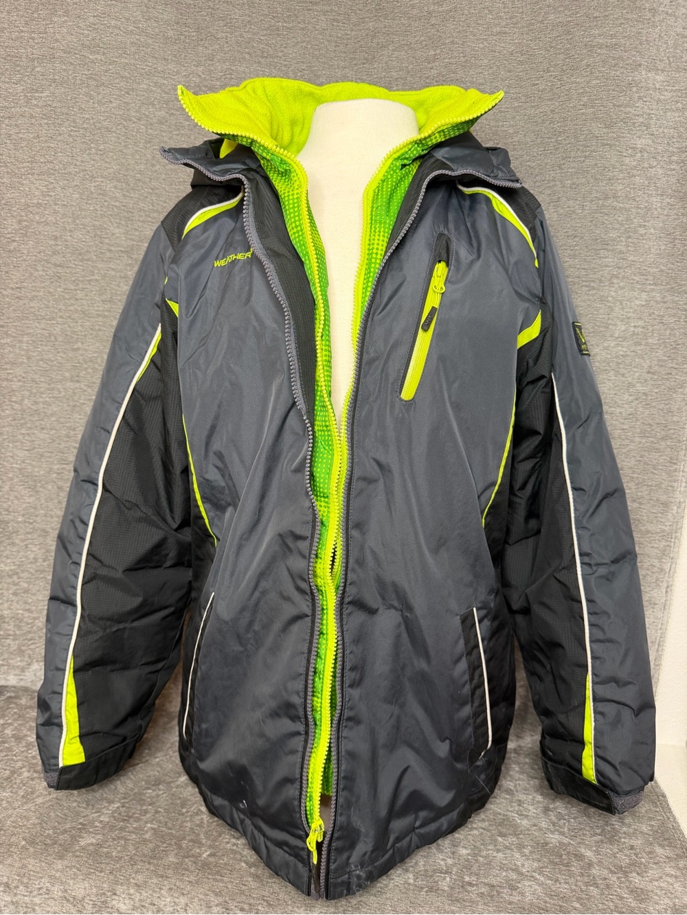Weatherproof Kids Puffers Jacket in Charcoal with Neon Lime Accents